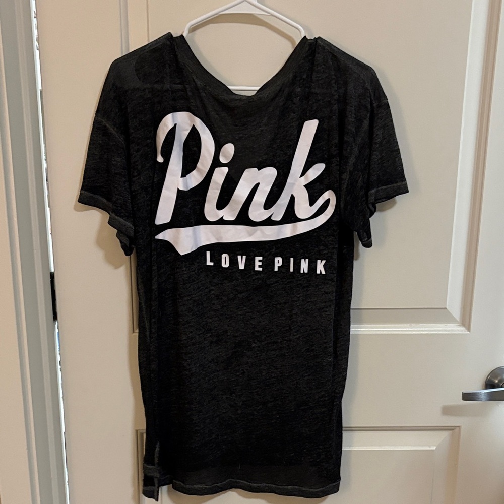 VS PINK Logo Black semi sheer v-neck tee size Medium